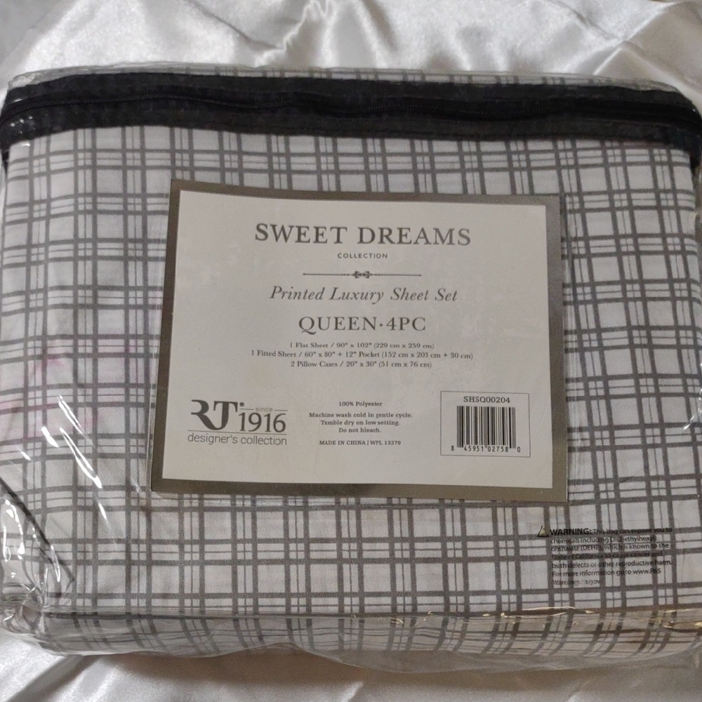 NEW Sweet Dreams Grey & White Plaid Sheet Set - Queen 4PC